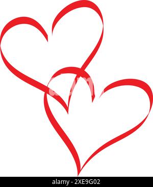 Deux cœurs rouges reliés entrelacés et joints ensemble. Traits de calligraphie dessinés à la main. Isolé sur fond transparent blanc pour la Saint-Valentin Illustration de Vecteur