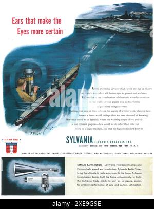 1944 WW2 Sylvania Electric Products Inc annonce - lampes fluorescentes, lampes à incandescence, tubes radio - George Wright artwork - périscope Banque D'Images