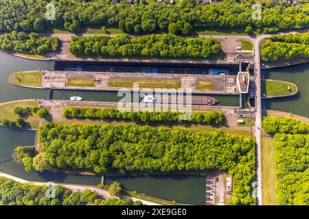 Vue aérienne, canal Rhin-Herne et écluse Herne-Ost, cargos, espaces verts avec avenue des arbres, Horsthausen, Herne, région de la Ruhr, Rhénanie-du-Nord-Westphalie, G Banque D'Images