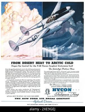 1944 WW2 New York Air Brake Company Hydraulic Division Hycon Stratopower Pump avec Lockheed P-38 Lightning Heavy Fighter Aircraft ad - Desert to Cold Banque D'Images