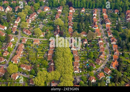 Vue aérienne, exploitation minière Teutoburgia ou ville-jardin Teutoburgia avec toits rouges et avenue bordée d'arbres, bâtiment classé, Börnig, Herne, Ruhr Banque D'Images