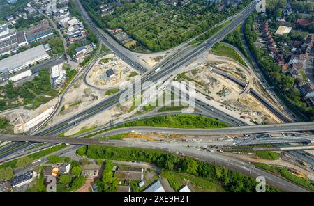 Vue aérienne, jonction d'autoroute Herne chantier majeur avec nouveau tunnel, autoroute A43 et autoroute A42, Baukau-Ouest, Herne, région de la Ruhr, Rhénanie du Nord-O. Banque D'Images