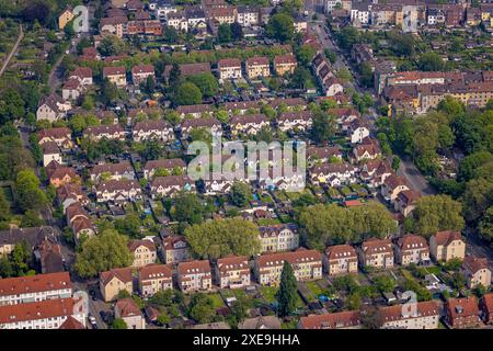 Vue aérienne, logement des mineurs 'Zechensiedlung Hühnerleiter', logement sur Emscherstraße avec Schalkestraße et Hüttenstraße, maison mitoyenne Banque D'Images