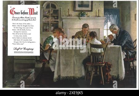 1945 Swift & Company annonce avec la peinture « Grace Before Meat » de Haddon Sundblom Banque D'Images