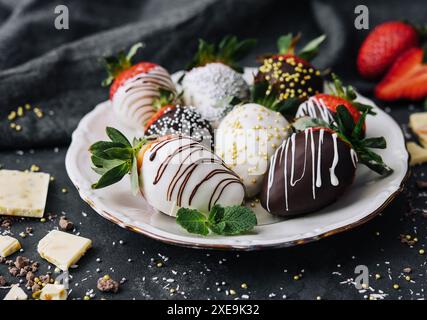 Fraises glacées dans du chocolat noir et blanc. allongez-vous sur une assiette blanche Banque D'Images