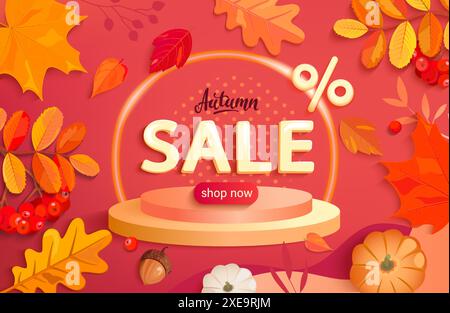 Bannière de vente d'automne avec podium 3d pour les promotions. Illustration de Vecteur