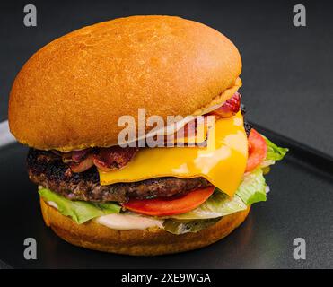 Close up tall tasty burger avec fromage servi sur le bac Banque D'Images