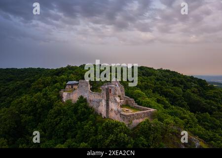 Vue aérienne sur le château de Rezi, nom hongrois est Rezi var. Cette attraction touristique exceptionnelle de Rezi construite dans les années 1300 Banque D'Images