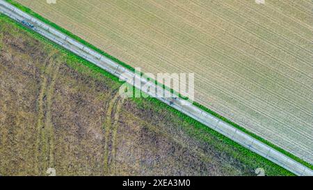 Vue aérienne des champs agricoles texturés et des routes Banque D'Images