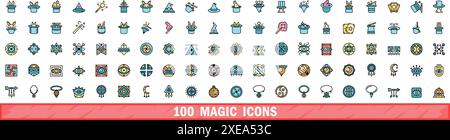 ensemble de 100 icônes magiques. Ensemble de ligne de couleur d'icônes vectorielles magiques couleur de ligne mince plat sur blanc Illustration de Vecteur
