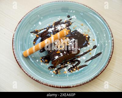 Savoureuse tranche de gâteau au brownie posée de façon décorative sur une assiette Banque D'Images