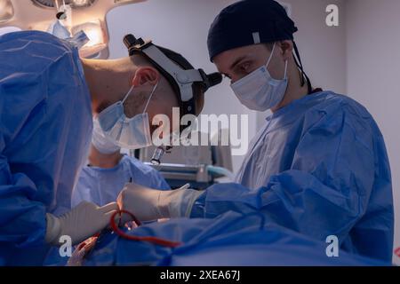 Deux chirurgiens pratiquant une opération médicale dans une salle d'opération d'hôpital sous des lumières chirurgicales vives. Banque D'Images