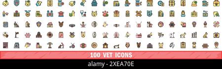 ensemble d'icônes de vétérinaire de 100. Ensemble de ligne de couleur d'icônes vectorielles de VET couleur de ligne mince plat sur blanc Illustration de Vecteur