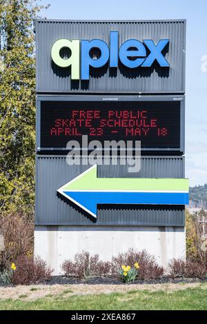 Panneau du centre récréatif QPlex énumérant les événements à venir au parc Sherwood à Quispamsis, Nouveau-Brunswick, Canada Banque D'Images