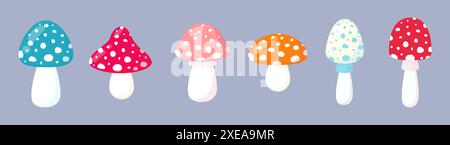 Ensemble d'agarics de mouches multicolores. Illustration vectorielle dans un style plat. Illustration de Vecteur