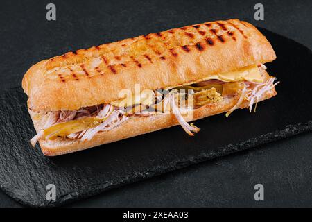 Gros sandwich avec poulet sur planche de pierre Banque D'Images