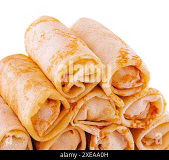 Pile de rouleaux de crêpes tordus avec de la viande Banque D'Images