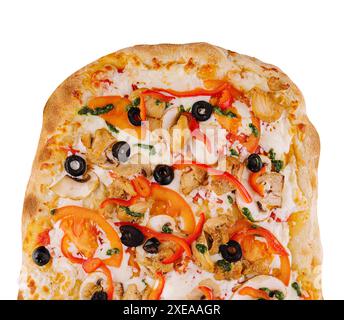 Pizza fraîchement cuite avec poulet et champignons Banque D'Images