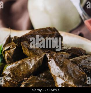 Dolma choux roule des feuilles de raisin avec remplissage en gros plan Banque D'Images