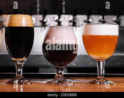 Différents types de bière artisanale dans des verres sur la table à l'intérieur du pub à la lumière du jour Banque D'Images