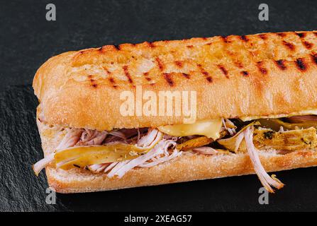 Gros sandwich avec poulet sur planche de pierre Banque D'Images