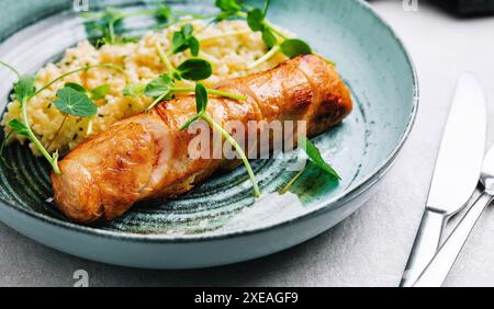 Filet de canard frit avec riz sur une assiette Banque D'Images