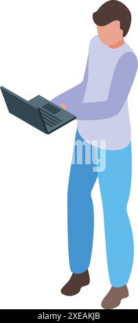 Freelance debout et travaillant sur son ordinateur portable, illustration isométrique Illustration de Vecteur