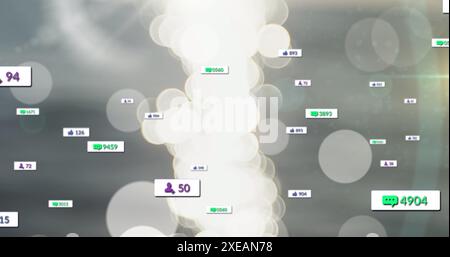 Image des notifications des médias sociaux et des icônes d'engagement flottant sur fond abstrait Banque D'Images