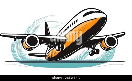 Illustration 2D d'un avion décollant. L'image est isolée sur un fond blanc. Banque D'Images