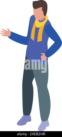 Le jeune homme portant une écharpe fait des gestes avec sa main, comme s'il présentait quelque chose Illustration de Vecteur