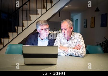 L'image représente deux hommes âgés concentrés sur un écran d'ordinateur portable, travaillant peut-être ensemble sur un projet ou la résolution d'un problème. L'homme à gauche, avec gl Banque D'Images
