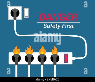 Une surcharge du circuit électrique provoque la combustion d'un court-circuit de la prise de rallonge. Illustration vectorielle de risque de brûlures électriques. Illustration de Vecteur