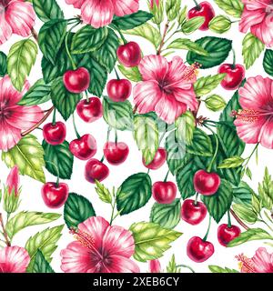 Motif aquarelle avec fond de branches de cerise et d'hibiscus. Motif sans couture dessiné à la main. Motif botanique avec cerise et hibiscus pour textile, Banque D'Images