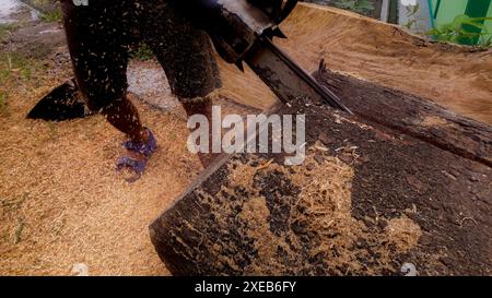 Un bûcheron est en train de couper une bûche à l'aide d'une tronçonneuse. Banque D'Images