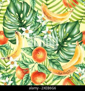 Motif aquarelle tropical avec mandarine, banane, feuilles tropicales et fond jaune. Motif sans couture dessiné à la main. Motif botanique pour textiles, Banque D'Images