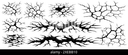 Les fissures et les trous de terre de tremblement de terre ou les fissures de terre et les effets de rupture de mur, fond vectoriel. Fissures sur le sol ou le béton avec texture d'écrasement de fracture, tremblement de terre surface terrestre avec destruction Illustration de Vecteur