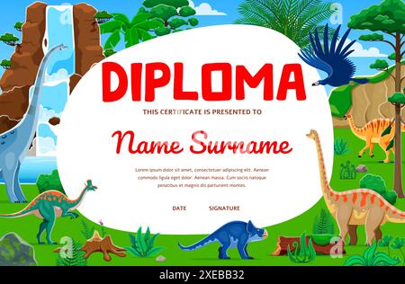 Diplôme pour enfants, dinosaures dans la jungle avec cadre de fond de cascade. Modèle de vecteur de diplôme de certificat d'éducation des enfants avec des animaux de dessin animé brachiosaurus, protoceratops, camptosaurus et titanosauria Illustration de Vecteur