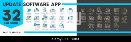 Icônes de ligne d'application de logiciel de mise à jour, maintenance et téléchargement de l'ensemble vectoriel de symboles de contour, représentent divers aspects de la mise à jour de logiciel tels que le chargement, l'installation, l'actualisation, l'achat de licence, l'erreur, paramètres Illustration de Vecteur