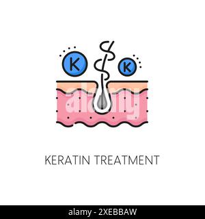 Soin des cheveux, icône de couleur de contour de traitement de kératine. Cosmétologie de soins capillaires, signe linéaire de cosmétiques de salle de bains, coiffage et croissance de la santé des cheveux, icône ou symbole de vecteur de contour de produit de traitement de beauté de femme Illustration de Vecteur