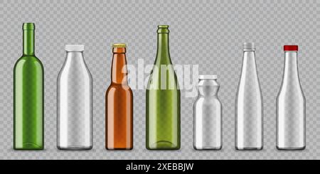 Jus réaliste et lait, soda, ketchup, bière et bouteilles en verre de boisson d'eau. maquettes vectorielles 3d de boissons et d'emballage alimentaire, bouteilles en verre transparentes, vertes et brunes avec couvercles et bouchons en métal de couleur Illustration de Vecteur