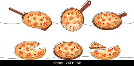 Ensemble de pizza sur des planches en bois une ligne colorée dessin continu. Illustration continue d'une ligne de restauration rapide italienne traditionnelle. Illustration vectorielle Illustration de Vecteur
