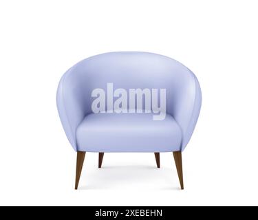 Fauteuil bleu isolé sur fond blanc. Illustration réaliste vectorielle de meubles modernes pour le design d'intérieur, textile souple ou siège en cuir sur pieds de chaise en bois, restaurant, bureau ou élément de maison Illustration de Vecteur