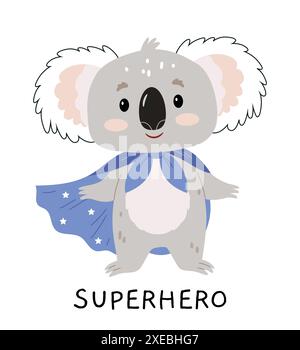 Koala super-héros dans un manteau bleu. Illustration mignonne pour enfants. Personnage Scandi pour t-shirt imprimé. Illustration vectorielle plate colorée enfantine isolée o Illustration de Vecteur