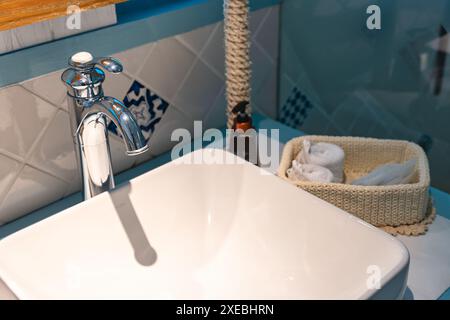 Lavabo d'élégance rétro avec robinet en acier inoxydable et équipement de nettoyage dans la salle de bain classique Banque D'Images