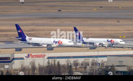 Quelques avions FedEx à l'aéroport de Calgary. Banque D'Images