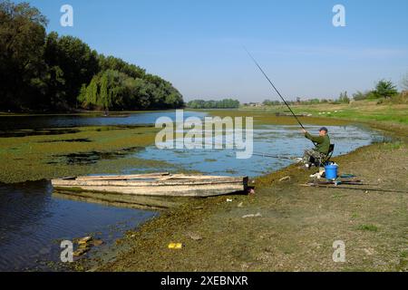 Homme pêchant sur la rive de la réserve naturelle spéciale 'Koviljsko-Petrovaradinski rit' sur la rive gauche du Danube, Voïvodine, Serbie Banque D'Images