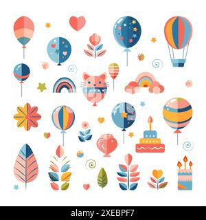 Icônes géométriques colorées pour une célébration d'anniversaire, y compris des ballons fleurs fnd coeurs arcs-en-ciel, un chat ballon à air chaud un gâteau d'anniversaire feuilles et étoiles dans des tons pastel sur un fond blanc Illustration de Vecteur