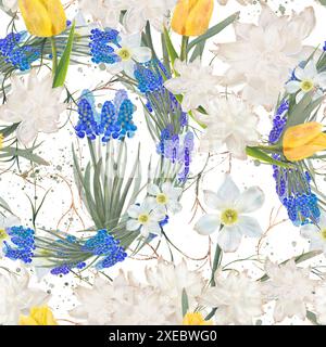 Motif sans couture avec tulipes jaunes, jacinthes bleues et jonquilles blanches sur fond clair. Art numérique sur fond blanc, pour impression sur tissu et papier. Banque D'Images