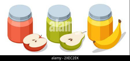 Purée de fruits isométrique en bocaux. Jus fraîchement pressé de pommes, poires et bananes. Illustration de Vecteur