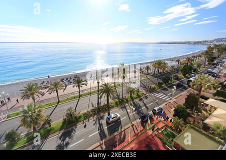 Vue de dessus au-dessus de la Promenade des Anglais à Nice, Alpes Maritimes, Côte d'Azur, Banque D'Images